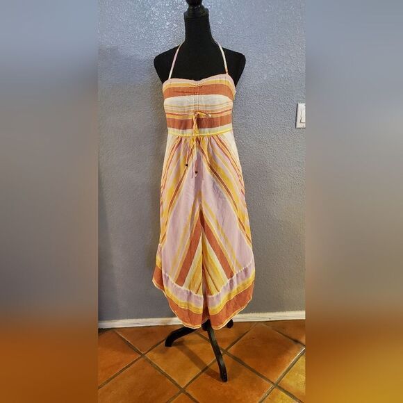 Anthropologie Savannah Halter Dress | Striped Ruched Orange Boho Style, Size 4 - Picture 3 of 16
